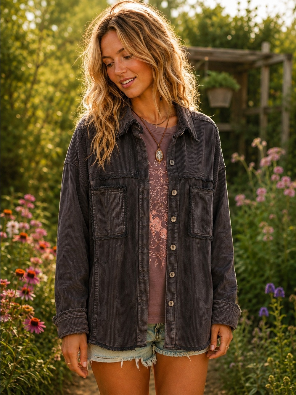 Umgee Charcoal Distressed Corduroy Shacket Large